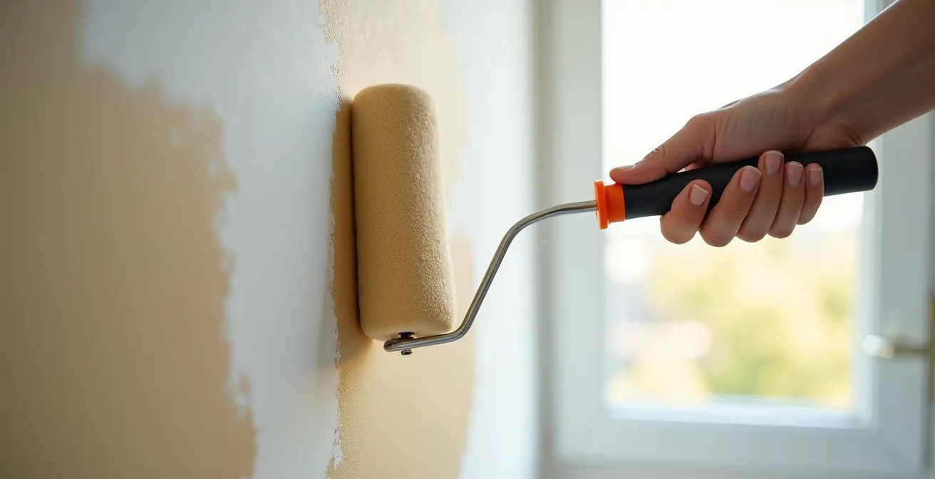 Main tenant un rouleau appliquant de la peinture sur un mur avec technique professionnelle