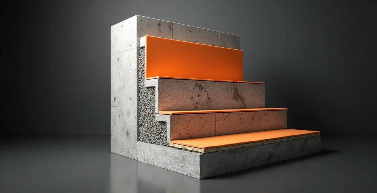 Coupe transversale d'un mur de douche montrant les différentes couches d'étanchéité