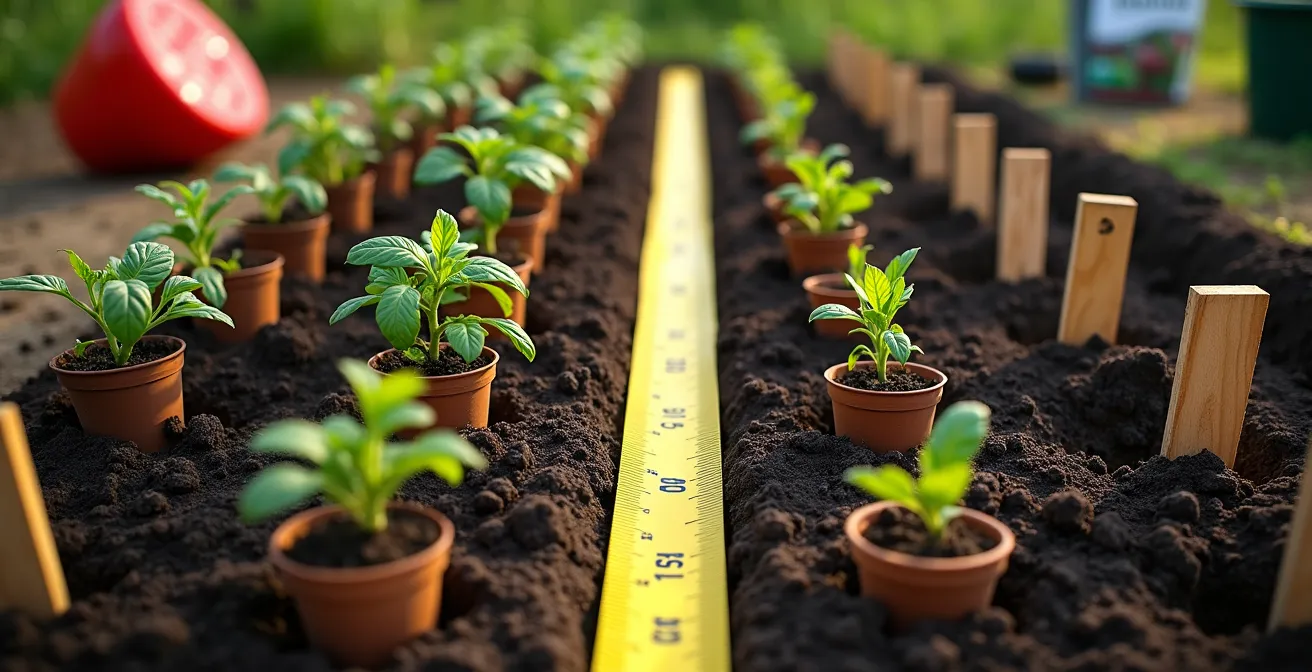 Schéma de planification montrant l'espacement optimal des plants de tomates en rangées