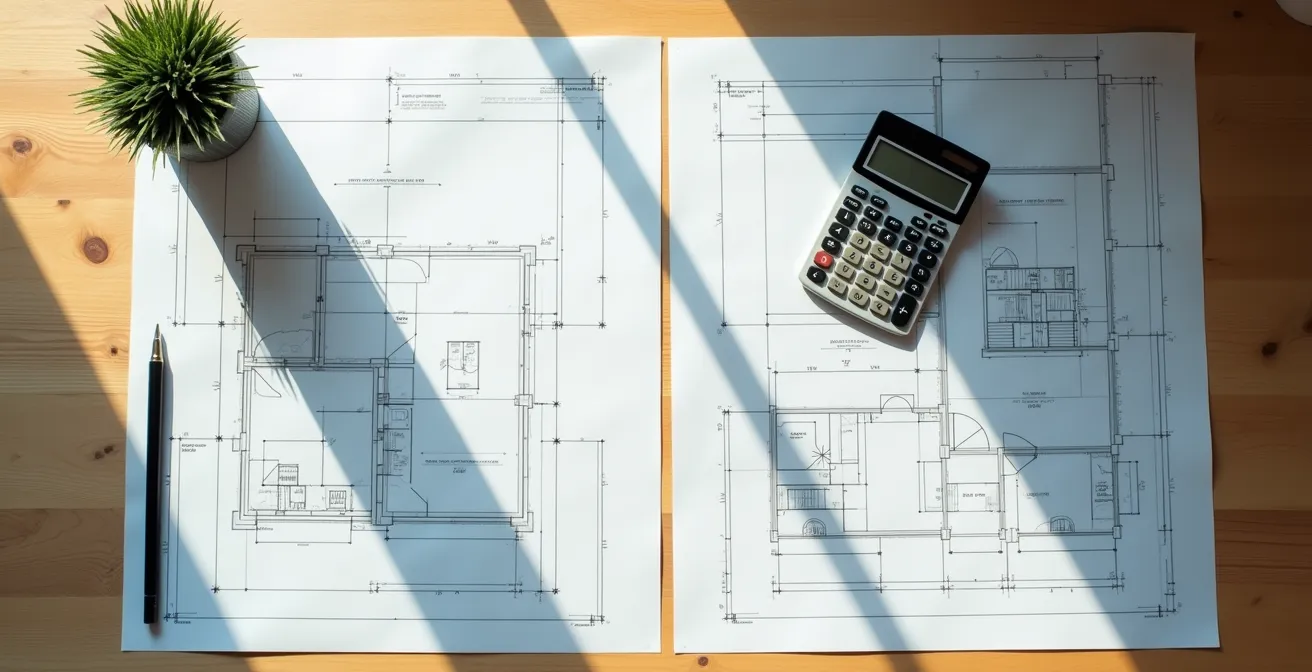 Vue aérienne de plans architecturaux avec calculatrice et notes de calcul BTU