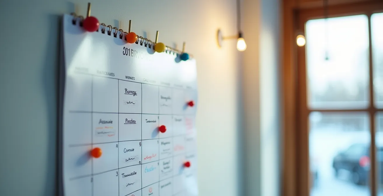 Calendrier mural avec marqueurs colorés indiquant les meilleures périodes de rénovation au Québec