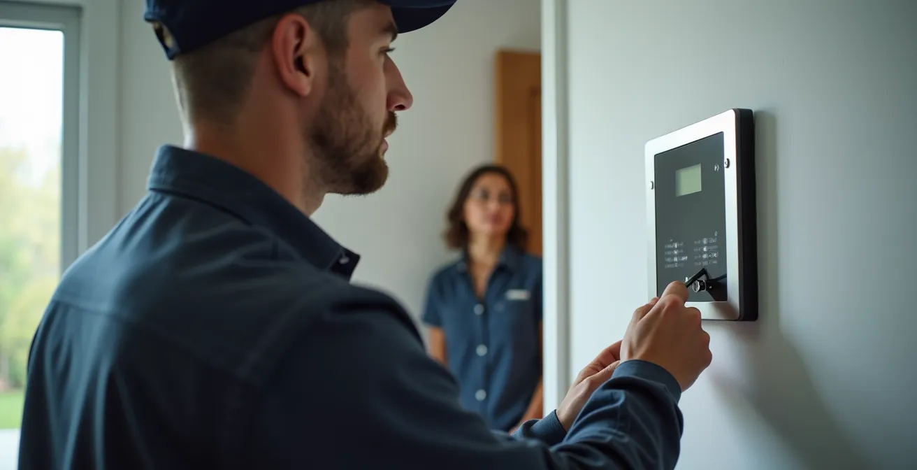 Technicien certifié installant un panneau de contrôle d'alarme dans une maison
