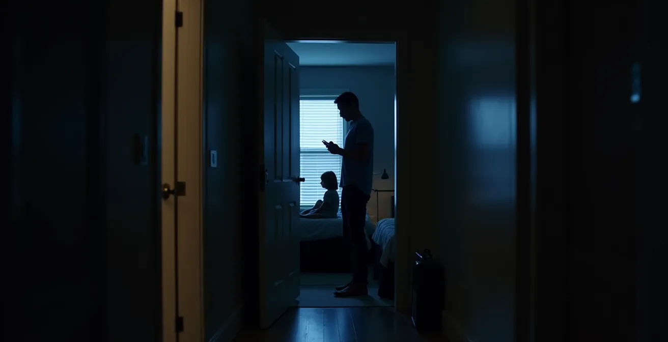 Chambre principale transformée en refuge sécurisé avec porte renforcée et famille en sécurité