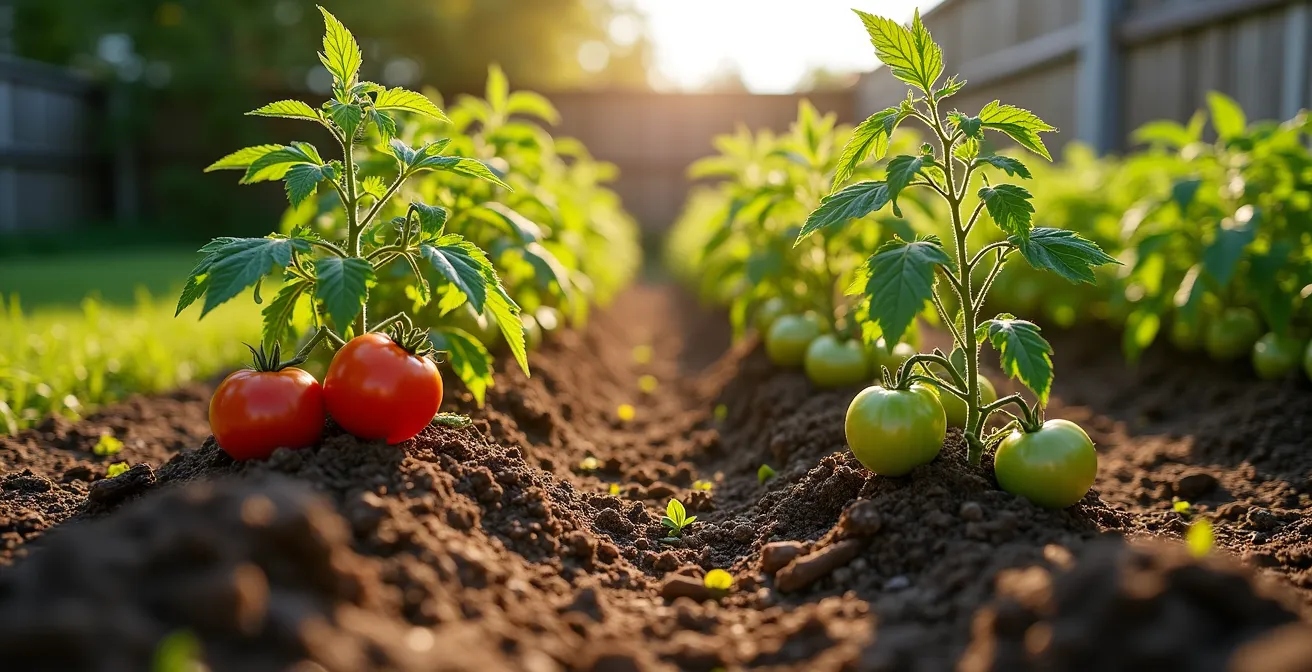 Comparaison côte à côte de plants de tomates bien espacés versus trop serrés montrant la différence d'ensoleillement