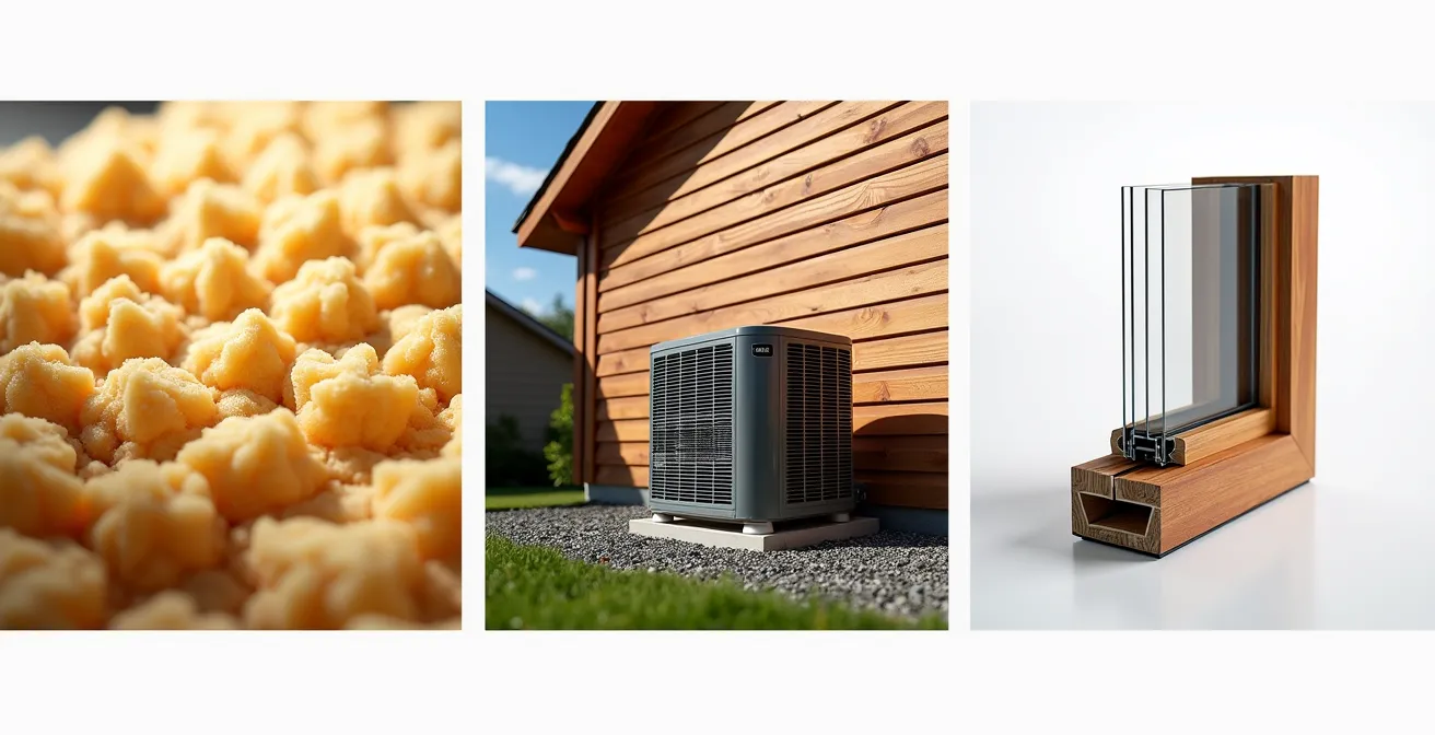 Graphique visuel comparant l'efficacité énergétique de l'isolation, d'une thermopompe et de fenêtres.