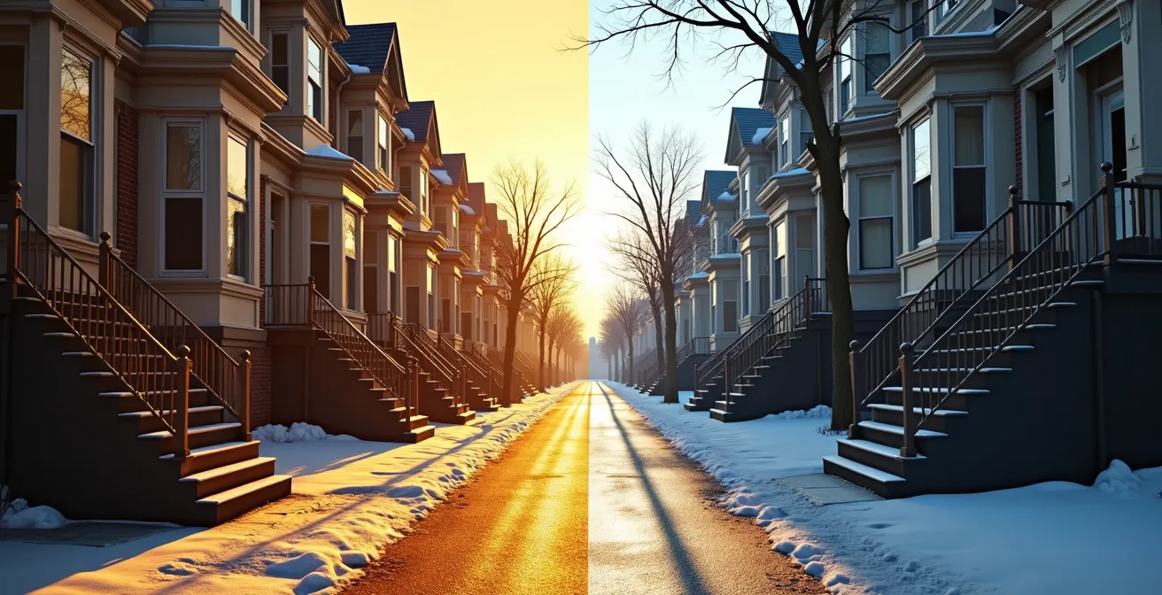 Comparaison visuelle de l'angle et de l'intensité du soleil entre l'été et l'hiver au Québec