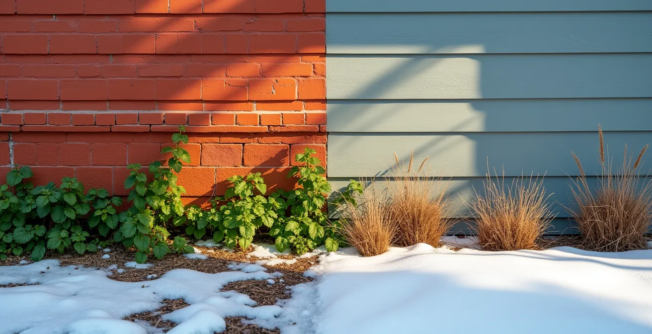 Comparaison côte à côte montrant la différence de végétation entre un mur exposé sud et nord en hiver québécois