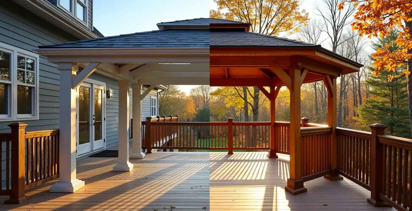 Vue comparative d'une pergola bioclimatique et d'un gazébo sur terrasse québécoise