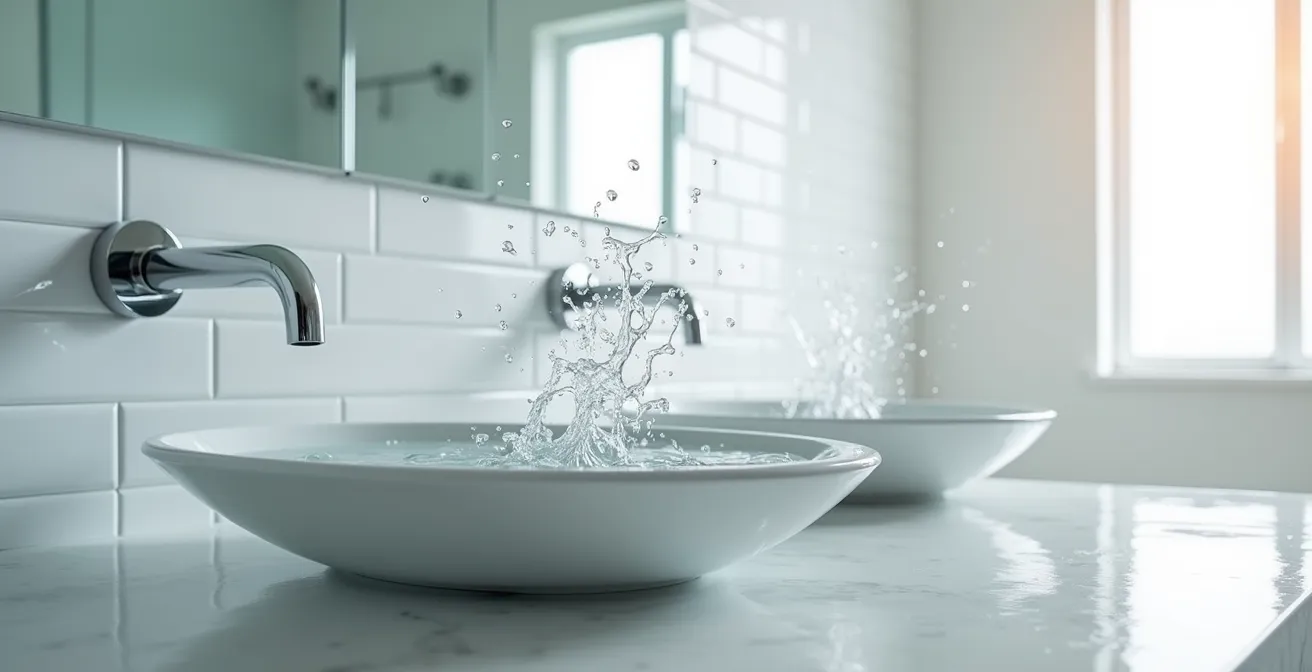 Vue de côté comparative montrant la trajectoire de l'eau dans deux vasques de profondeurs différentes