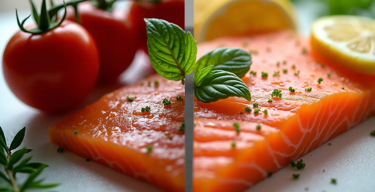 Comparaison visuelle de l'effet des températures 3000K et 4000K sur des aliments frais comme des tomates et du saumon.