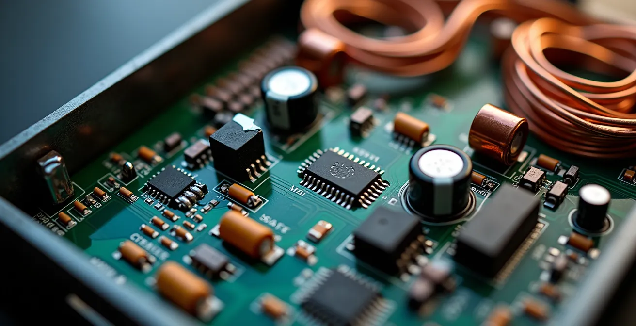 Gros plan macro sur composants électroniques de thermopompe montrant la complexité technologique