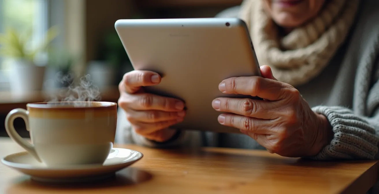 Gros plan sur les mains d'une personne âgée configurant un assistant vocal sur une tablette