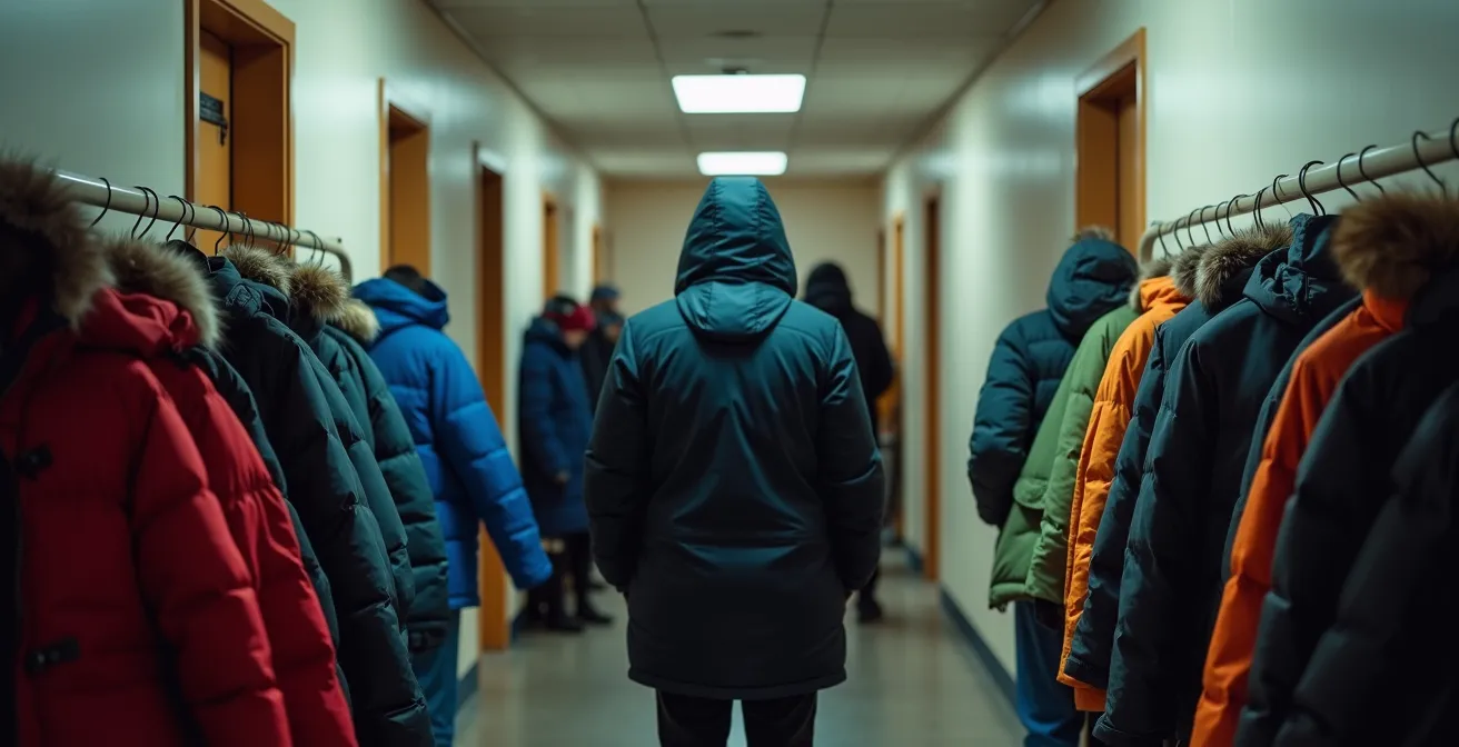 Vue en coupe d'un couloir de 30 pouces montrant l'encombrement avec des manteaux d'hiver