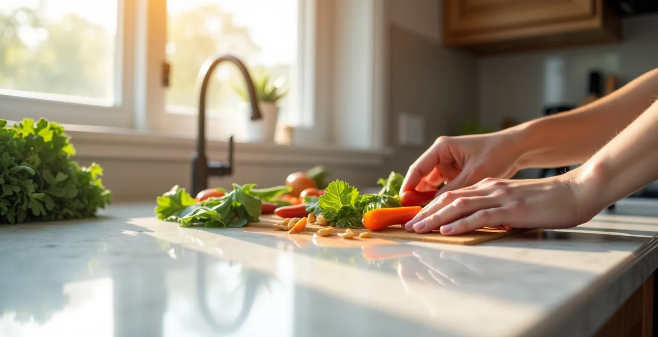 Cuisine moderne québécoise avec comptoir en quartz blanc veiné