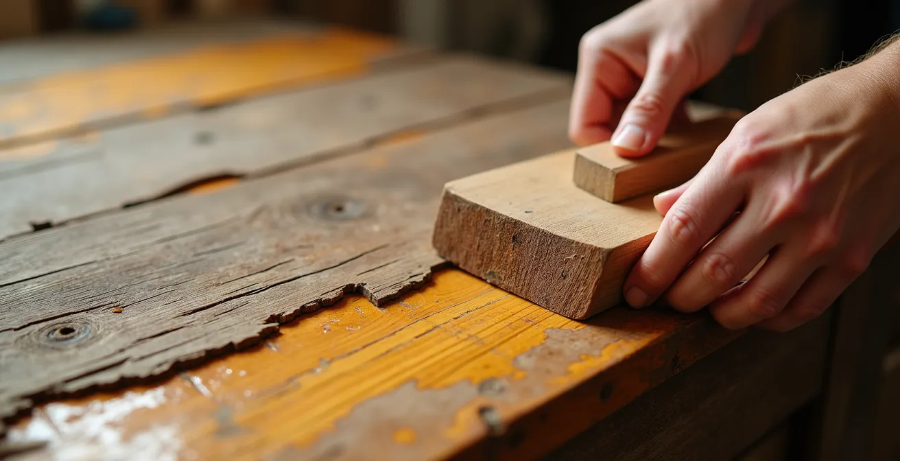 Détail macro du décapage délicat d'un meuble en pin montrant les couches de vernis