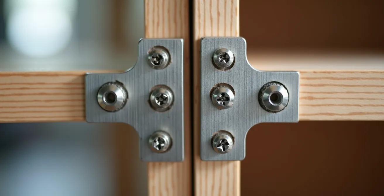 Gros plan sur les systèmes de connexion d'un meuble modulaire montrant la différence entre haute et basse qualité