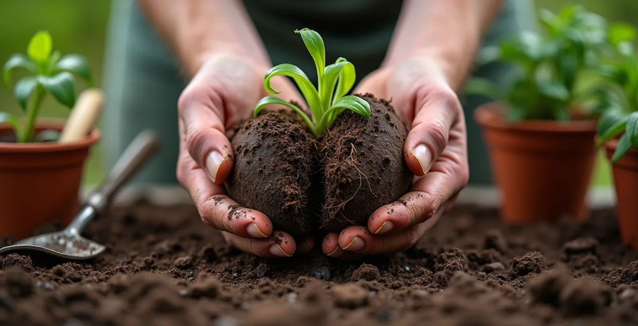 Mains divisant délicatement une touffe d'hosta avec racines visibles