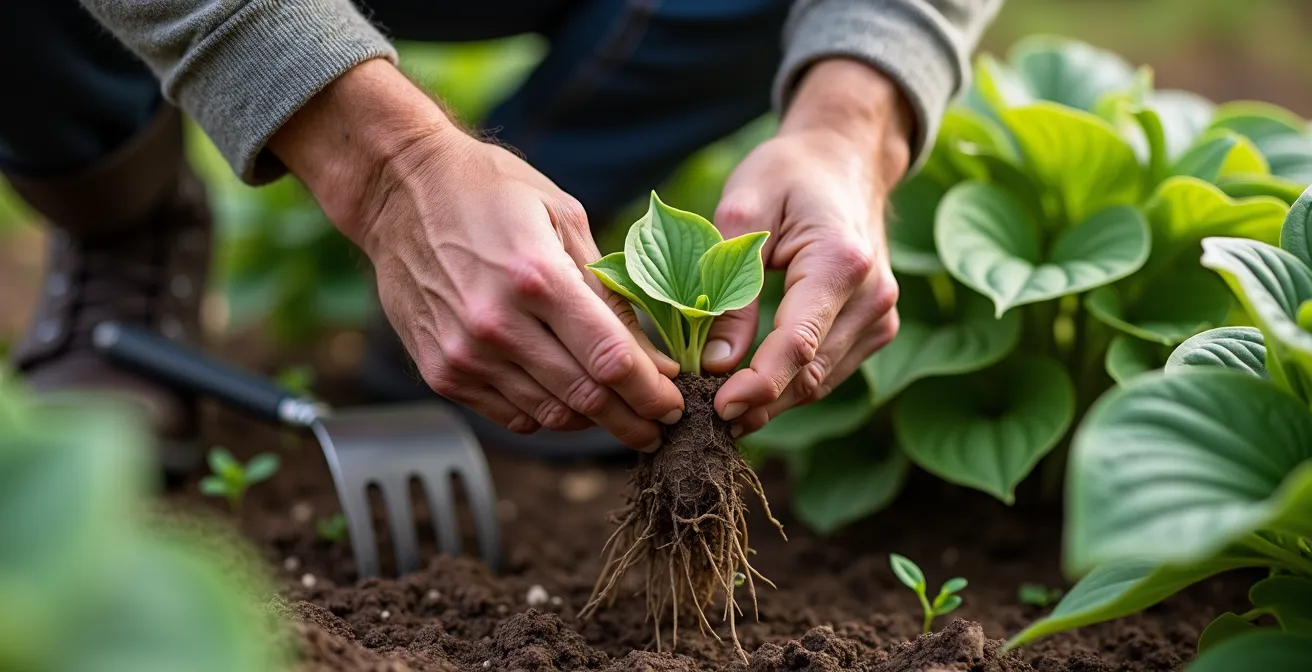 Mains expertes divisant délicatement une touffe d'hostas avec les racines visibles et outils de jardinage