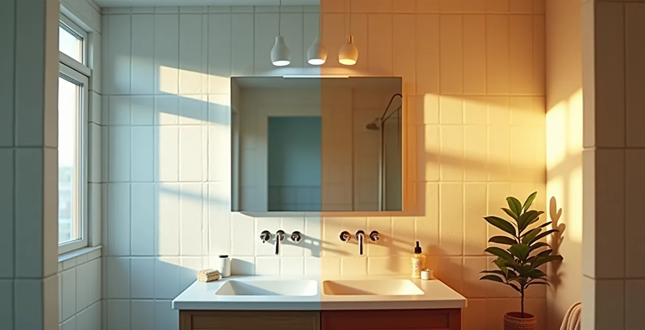 Comparaison visuelle de l'éclairage circadien dans une salle de bain entre matin et soir