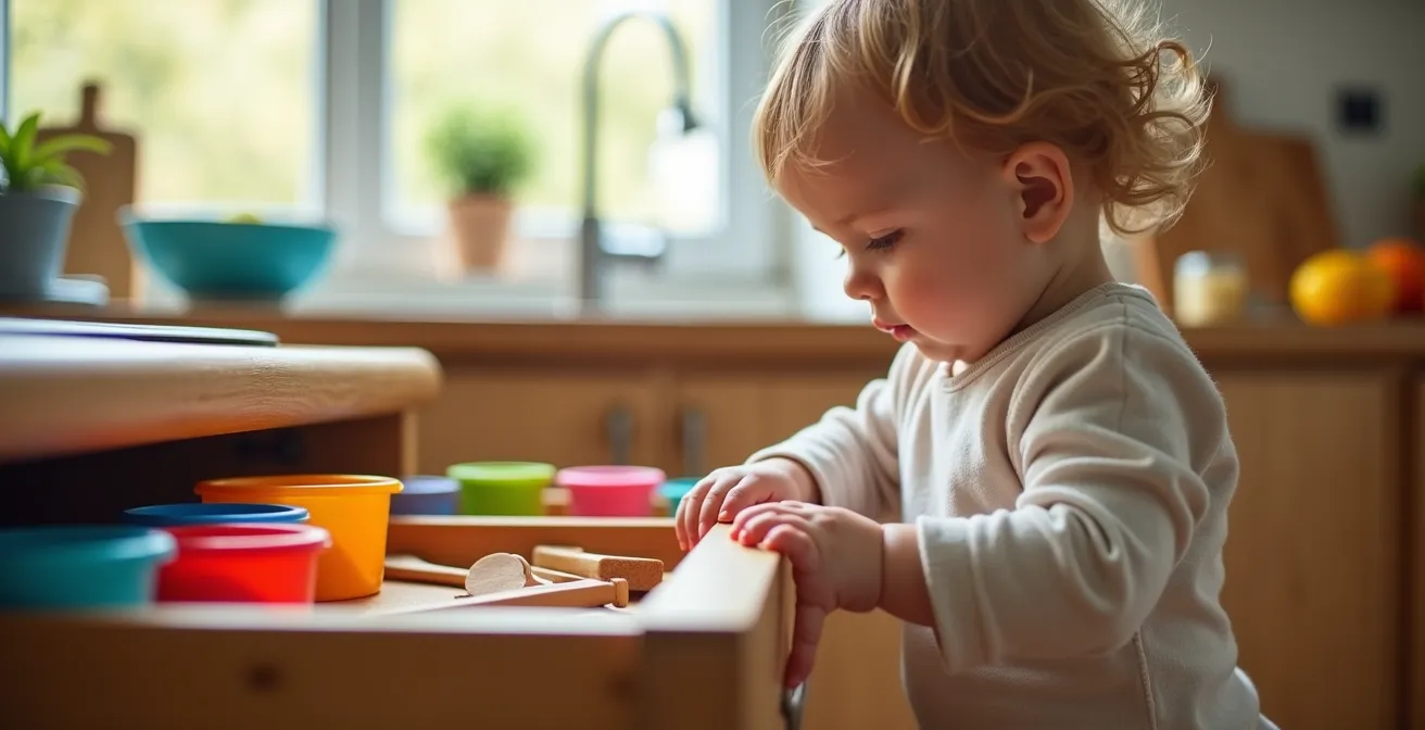Enfant explorant un tiroir sécurisé avec contenants en plastique dans une cuisine