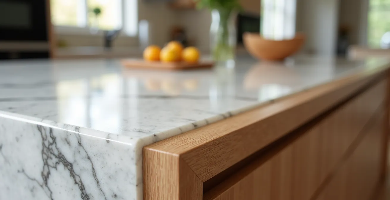 Gros plan sur un îlot de cuisine montrant différentes zones avec matériaux contrastés pour le repas et la préparation.