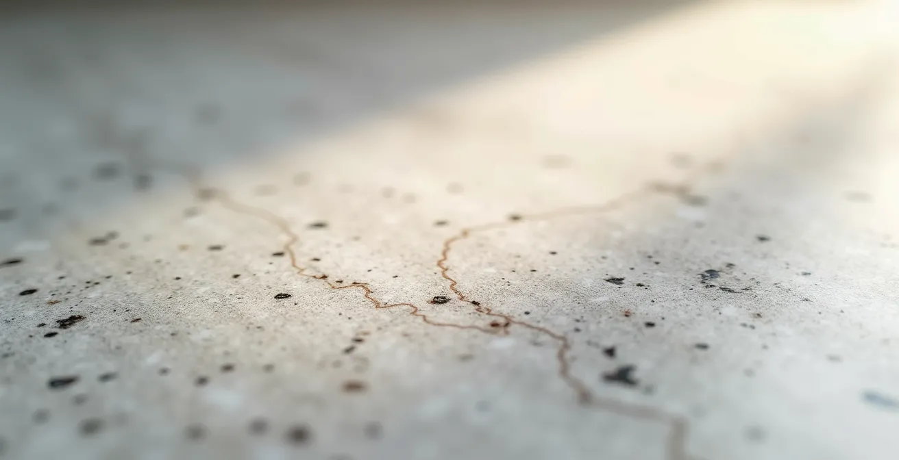 Gros plan sur texture de comptoir en quartz avec éclairage naturel révélant les détails