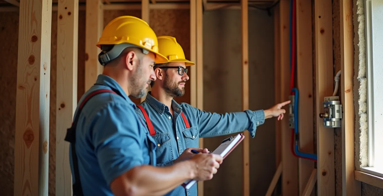 Inspection d'un chantier de rénovation avec murs ouverts montrant plomberie et électricité