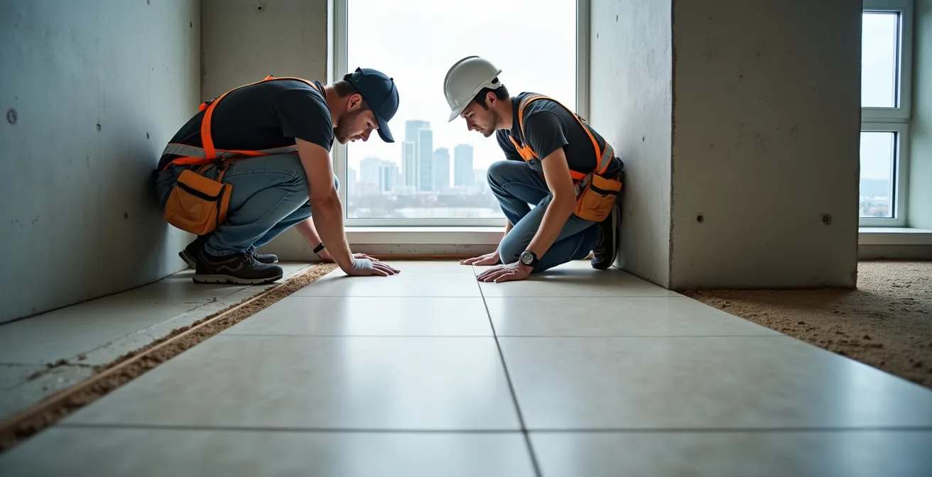 Installation professionnelle de dalles grand format 24x48 dans un condo canadien moderne, montrant deux ouvriers en pleine action.