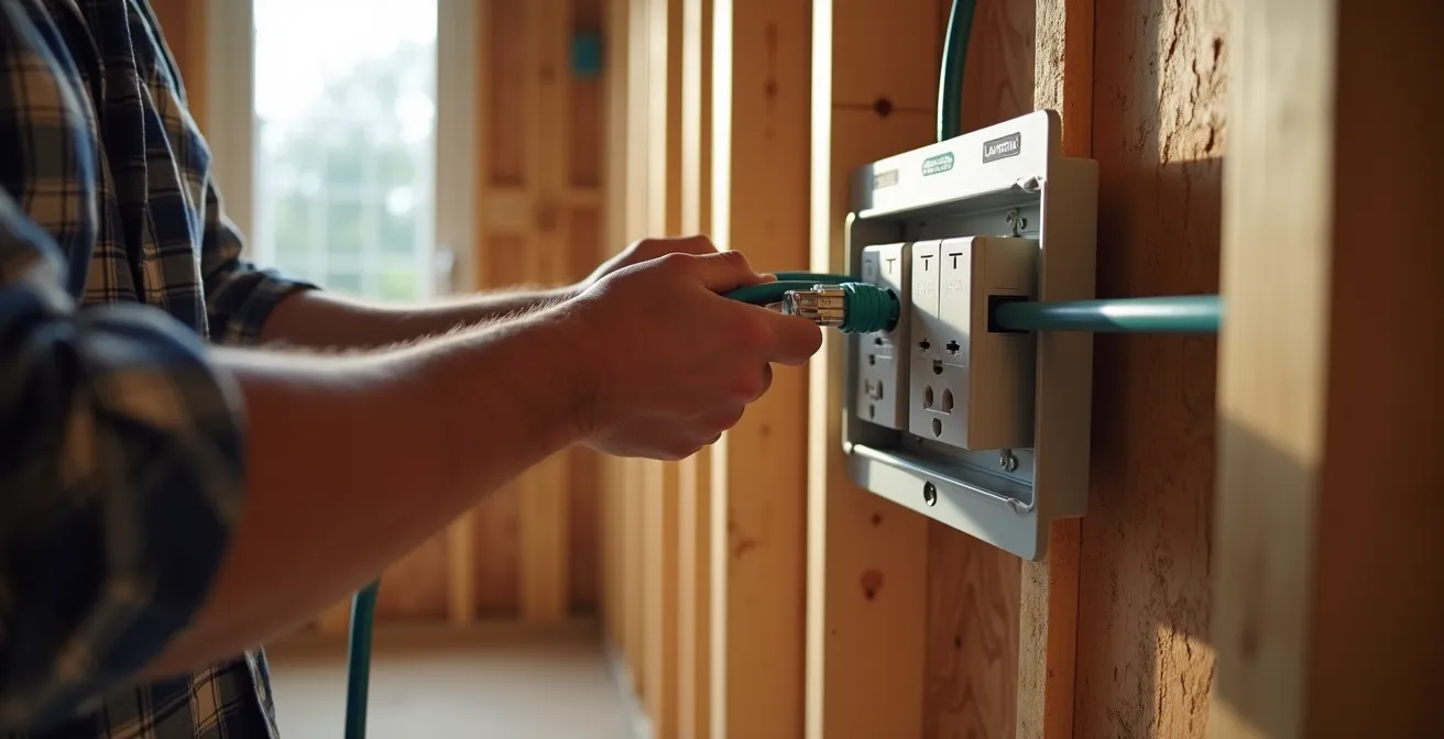 Murs ouverts lors de rénovation avec câbles réseau et fils neutres pour future domotisation