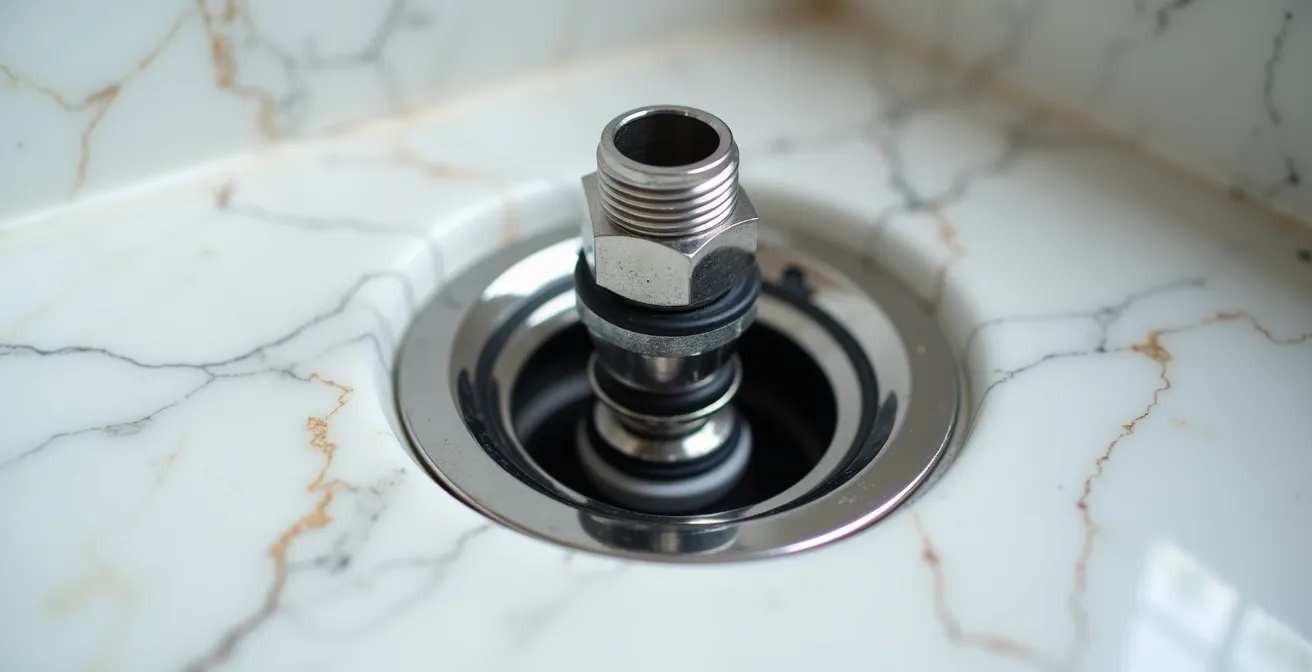 Vue macro détaillée de l'assemblage d'une bonde de vasque avec joints et raccords en gros plan