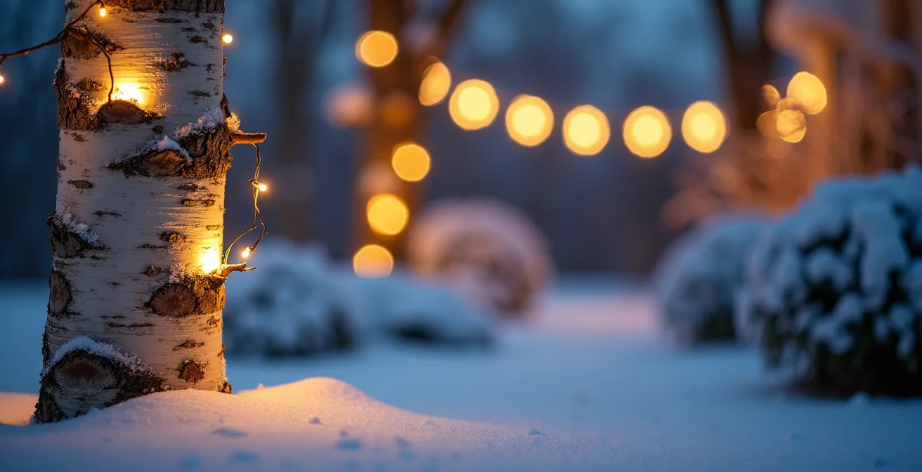 Jardin canadien avec éclairage superposé illuminant un érable mature