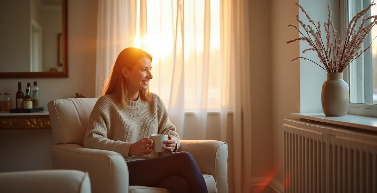 Salon lumineux avec grand miroir reflétant la lumière d'hiver québécoise à travers de grandes fenêtres