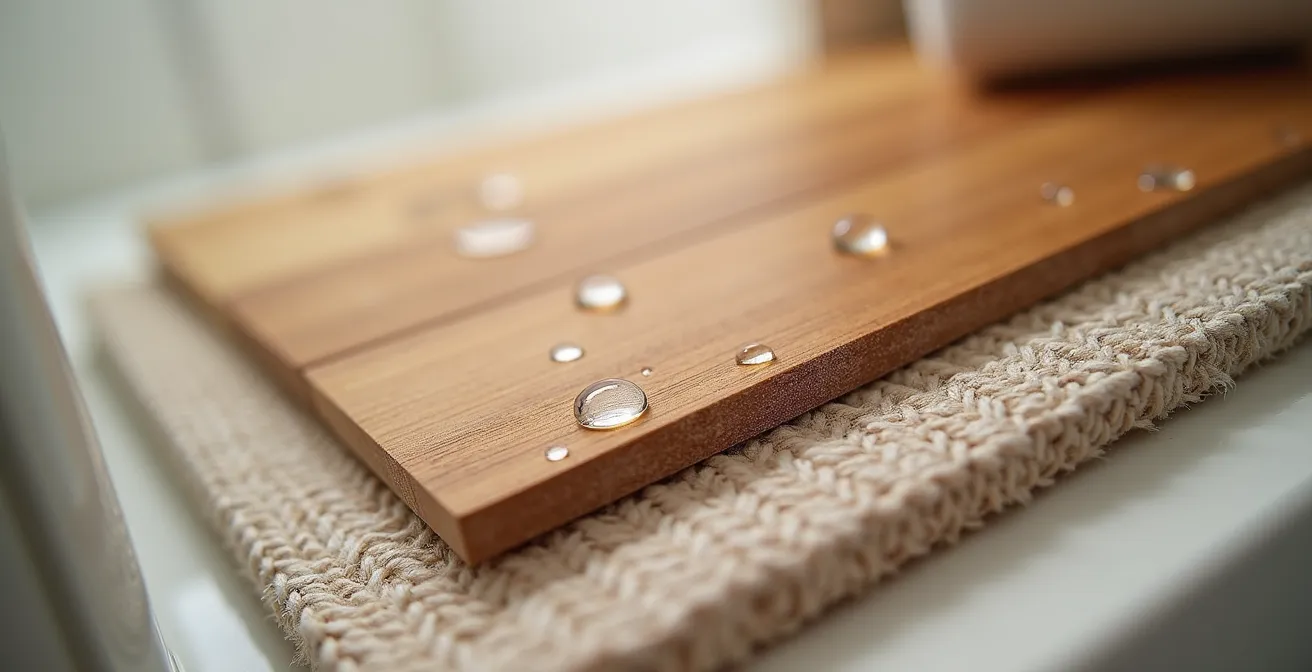 Matériaux acoustiques naturels dans une salle de bain québécoise avec bois de cèdre et textiles