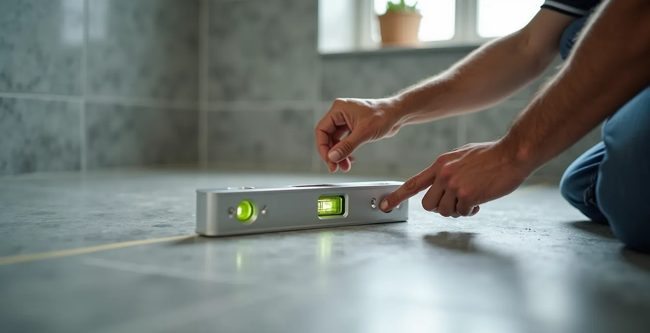 Vérification de la pente d'une douche italienne avec un niveau et une règle