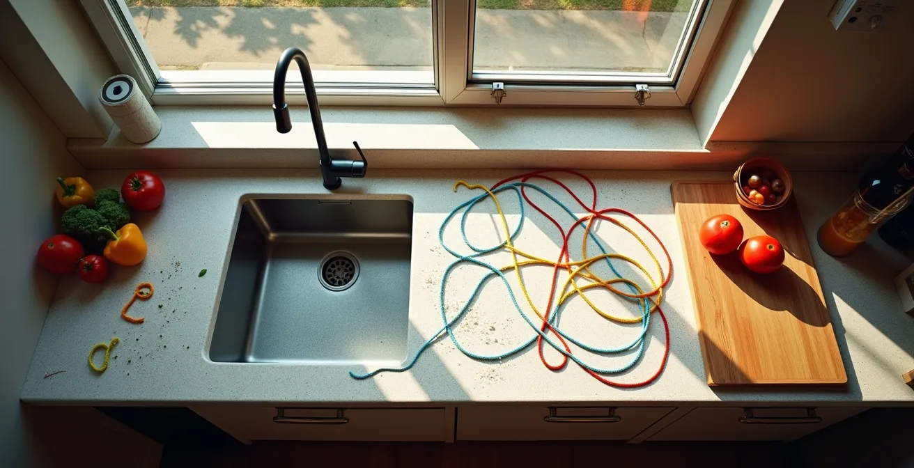 Vue du dessus d'une cuisine avec des traces colorées montrant les déplacements pour préparer un plat