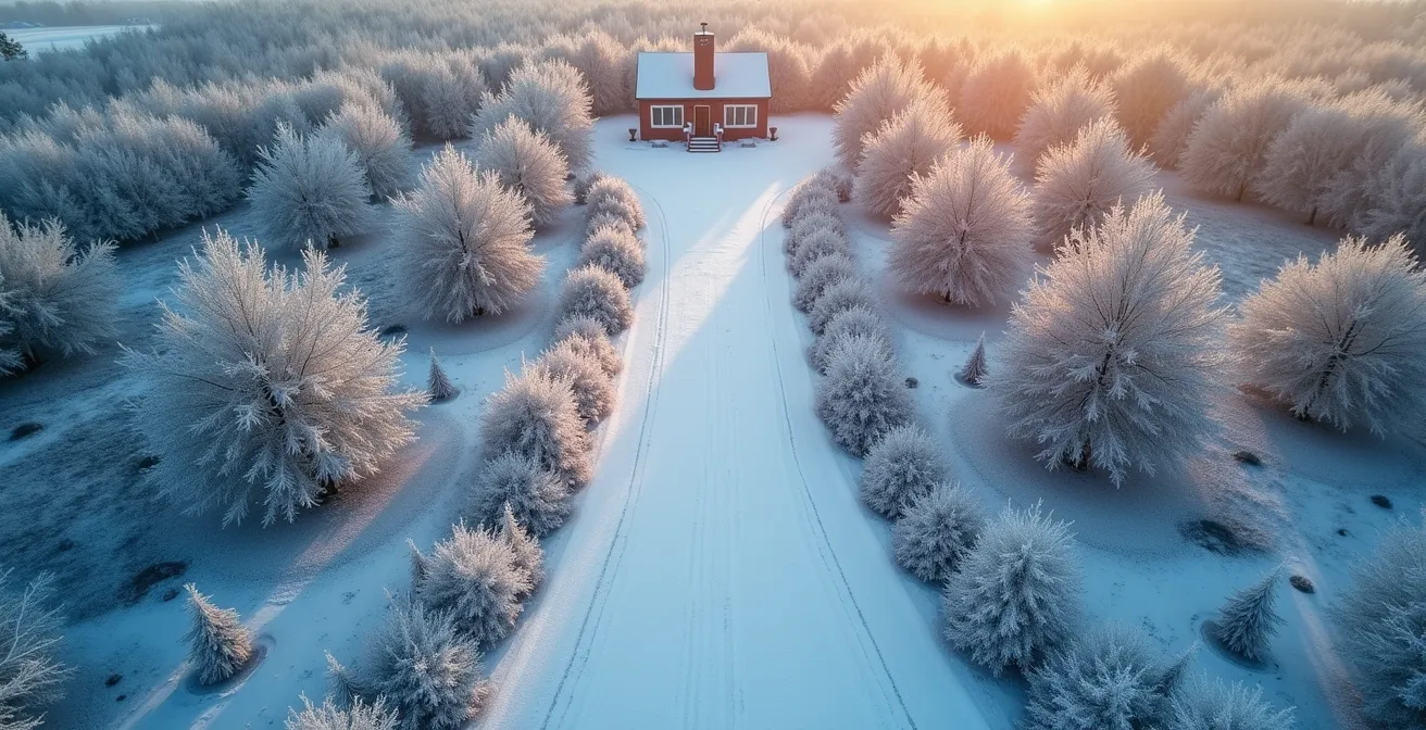 Vue aérienne d'un terrain québécois montrant les différentes zones de microclimats avec variations de températures