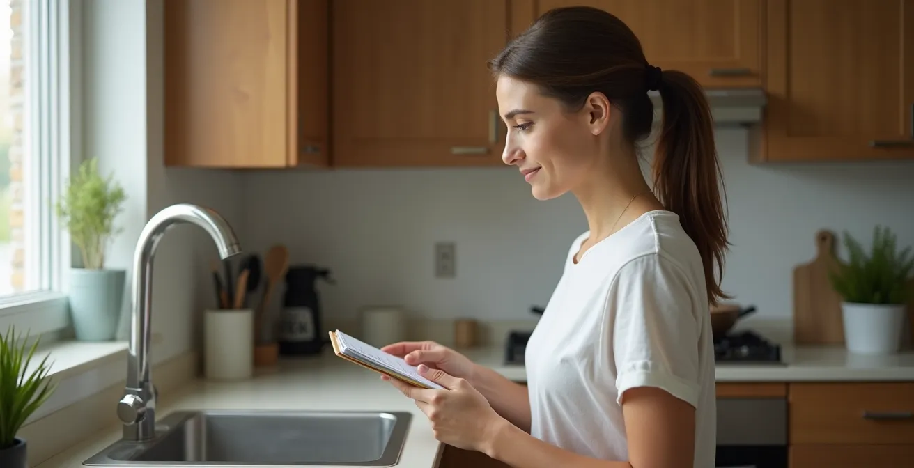 Personne analysant ses déplacements dans une cuisine avec carnet de notes