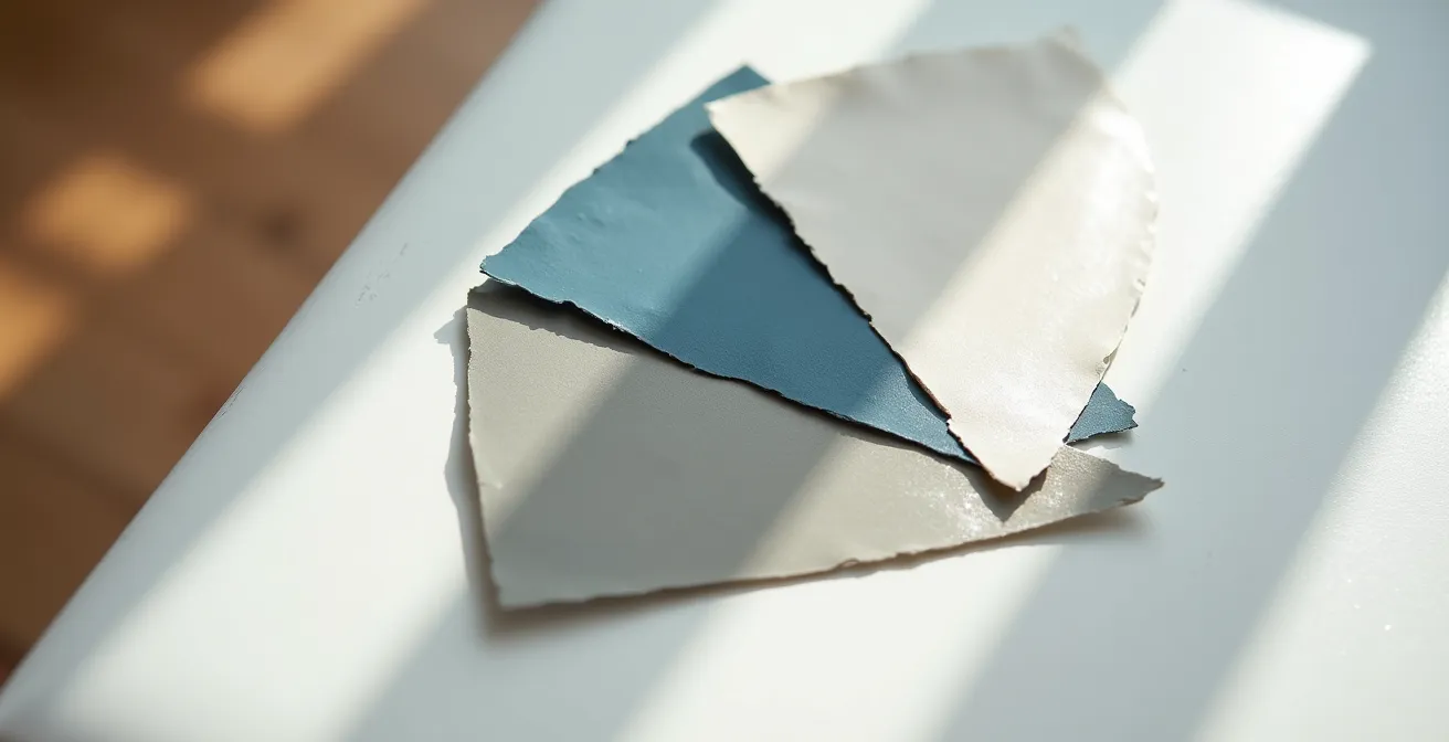 Échantillons de peinture professionnels disposés en éventail montrant trois teintes harmonieuses adaptées à la lumière québécoise des quatre saisons