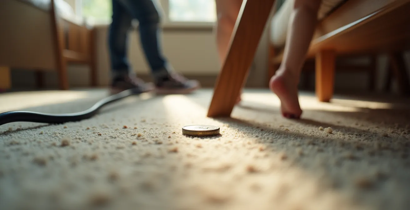 Vue à hauteur d'enfant montrant les dangers cachés sous les meubles d'une maison