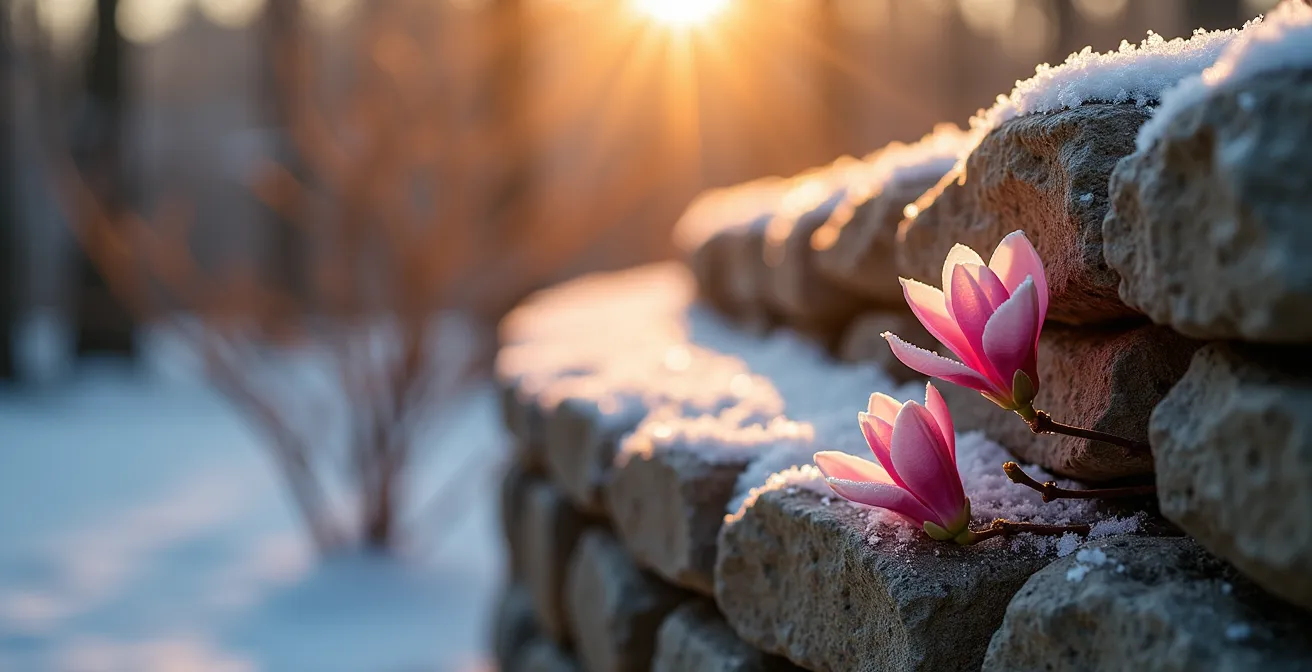 Aménagement en courbe de pierres créant un piège à soleil avec plantes zone 6 florissantes dans un jardin québécois