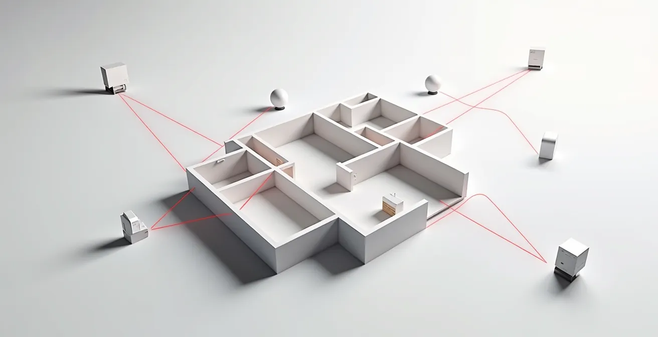 Vue aérienne d'un plan de maison avec positionnement stratégique des 6 détecteurs de sécurité