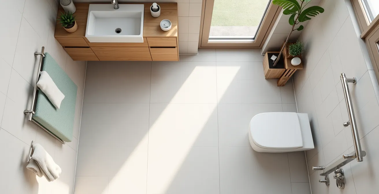 Vue aérienne d'un plan de salle de bain avec zones d'évolution future marquées