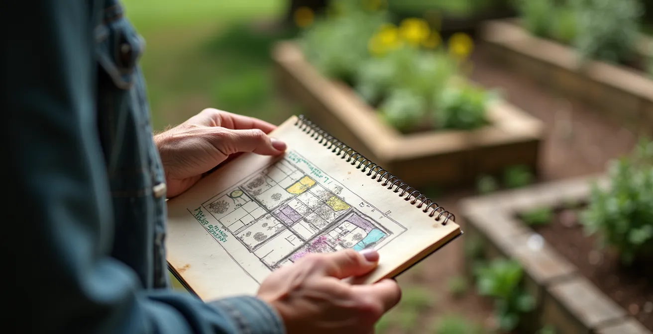 Vue aérienne d'un potager divisé en quatre zones avec différents stades de cultures