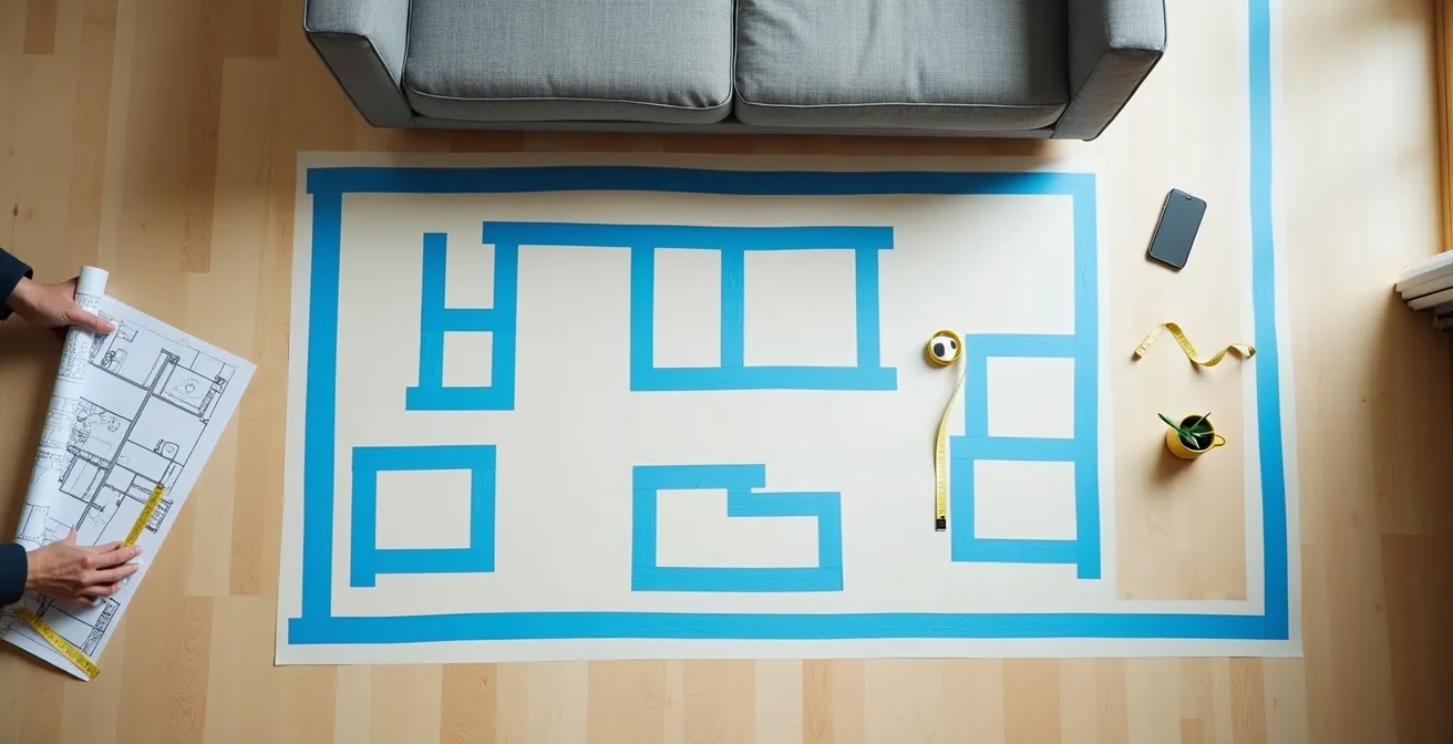 Vue aérienne d'un salon de condo avec marquages au sol en ruban adhésif traçant l'emplacement futur des meubles