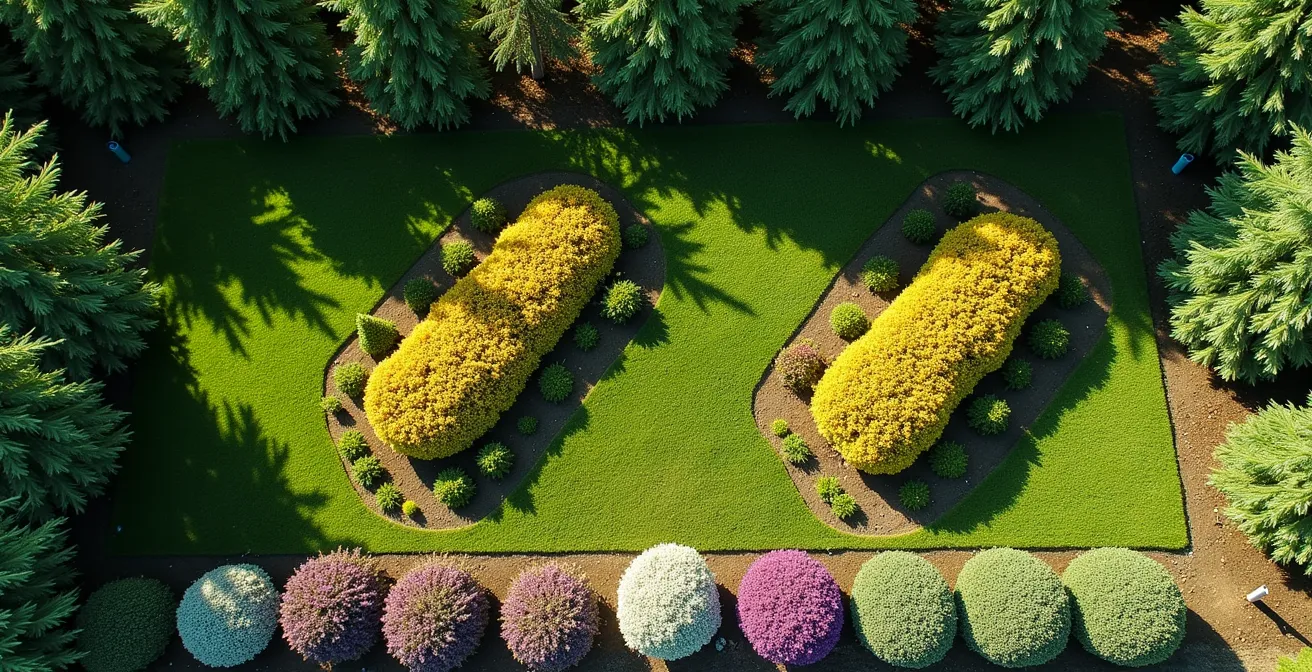 Schéma de plantation en quinconce sur 3 rangs avec arbres, arbustes et vivaces pour créer un écran sonore naturel