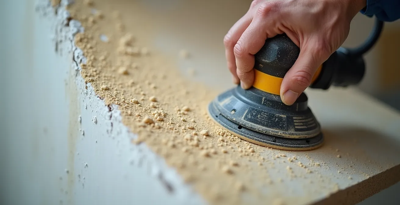Gros plan sur une main tenant une ponceuse orbitale travaillant sur un mur préparé