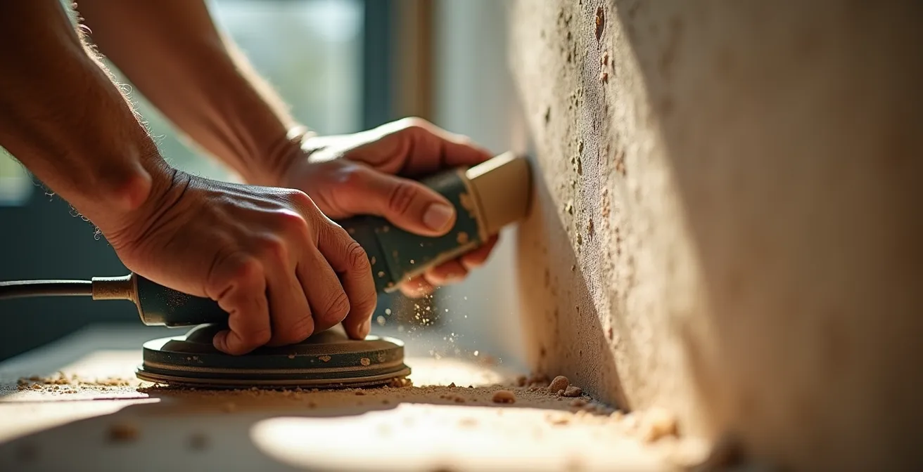 Mains expertes préparant un mur avec technique de ponçage professionnelle