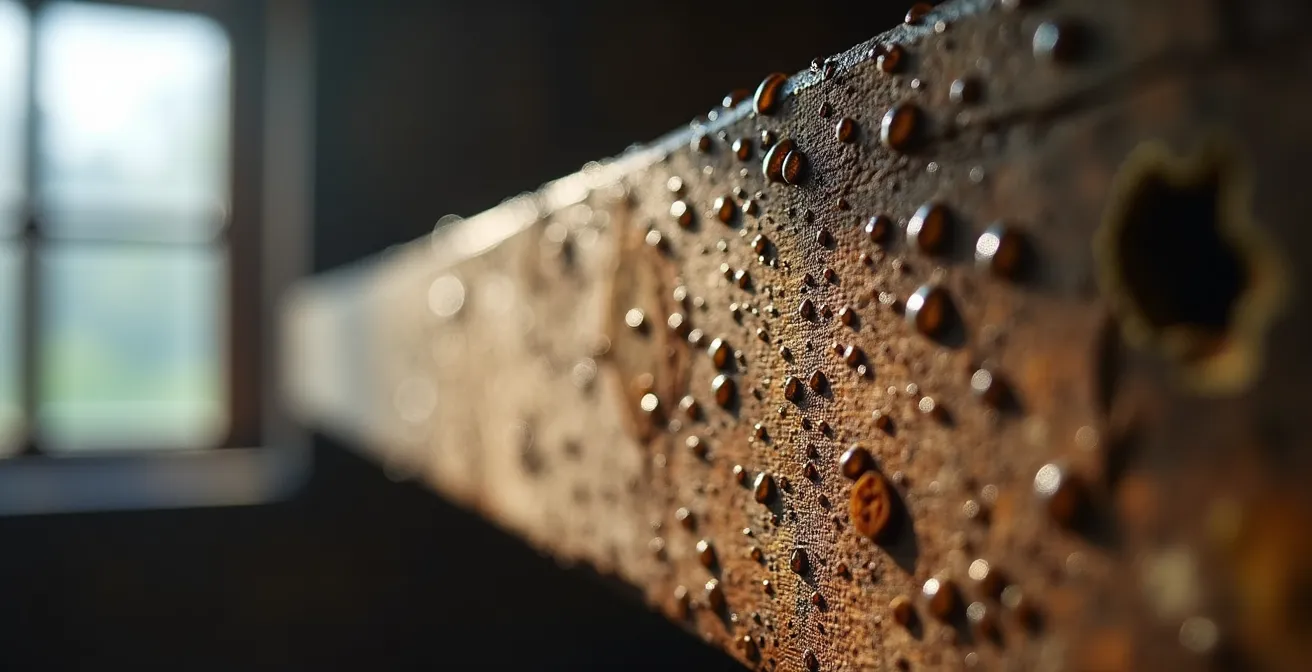 Détail macro de condensation et formation de moisissure sur une poutre de bois dans un entretoit mal ventilé.