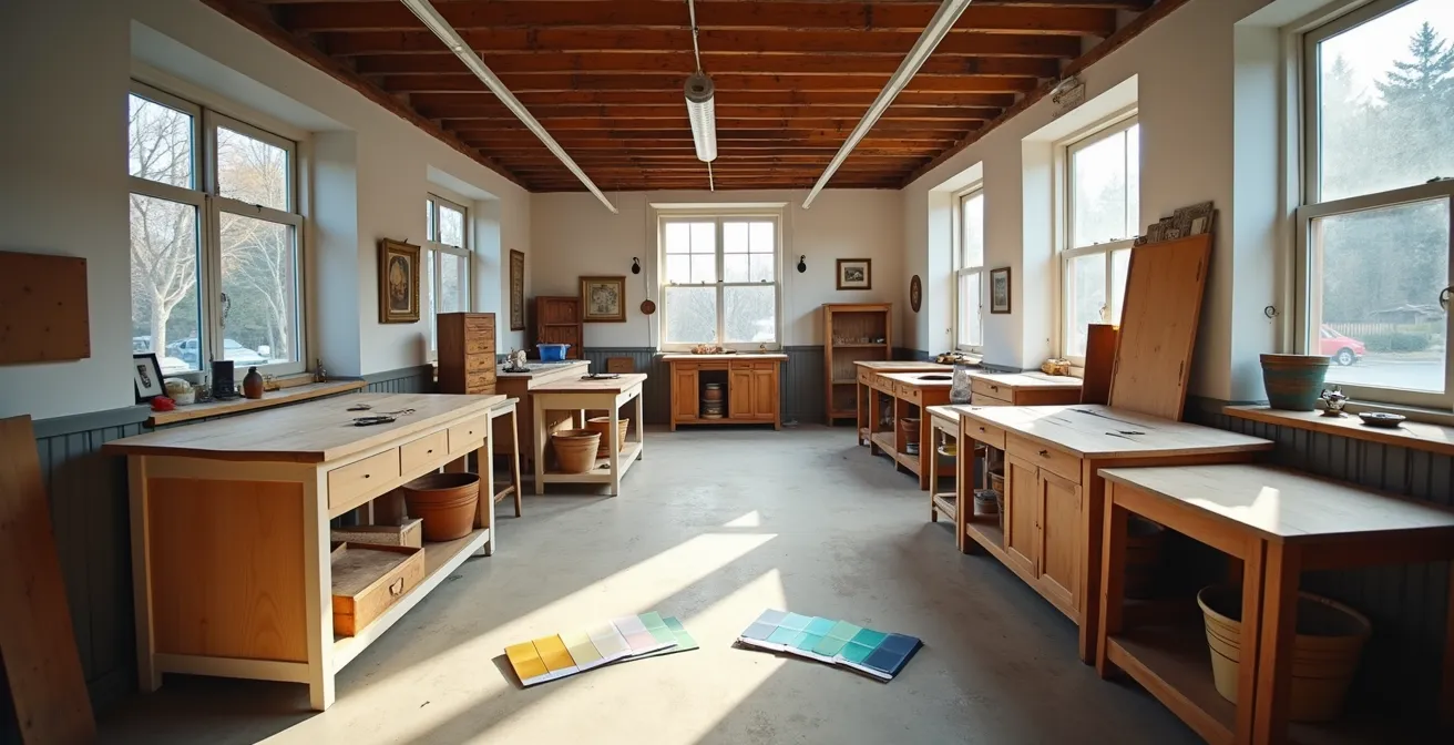 Vue d'ensemble d'un atelier de restauration montrant les différentes étapes du processus sur plusieurs meubles