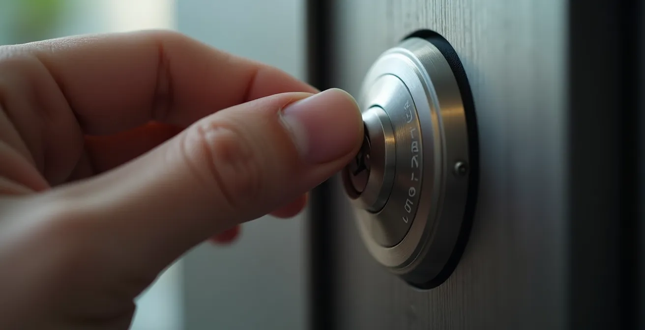 Gros plan d'une main programmant un code temporaire sur une serrure intelligente moderne